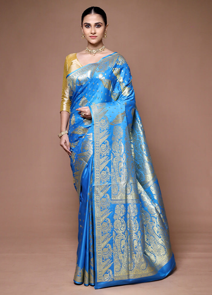 Blue Banarasi Silk Saree With Blouse Piece For Cheap Pice