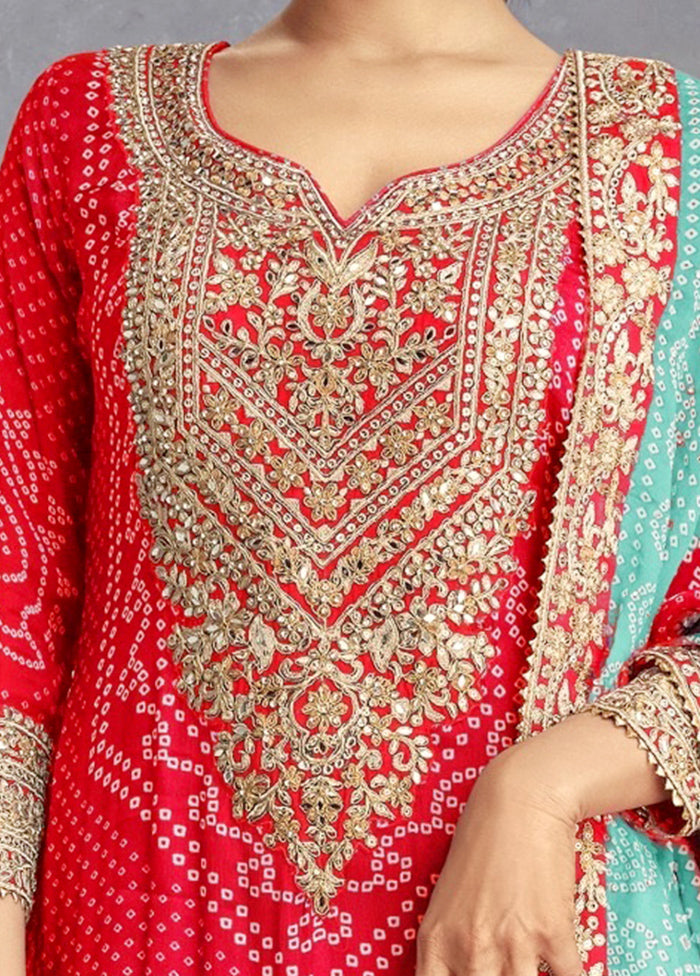 3 Pc Red Semi Stitched Silk Suit Set Online Online Cheap Pice