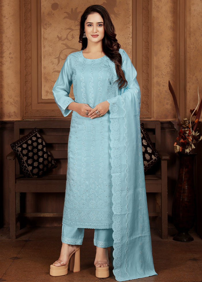 3 Pc Blue Readymade Chanderi Suit Set Buy Cheap With Paypal