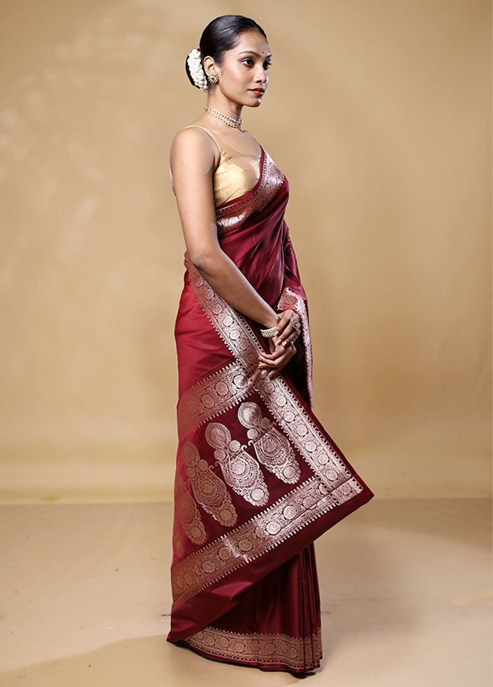 Maroon Katan Silk Saree With Blouse Piece Sale View