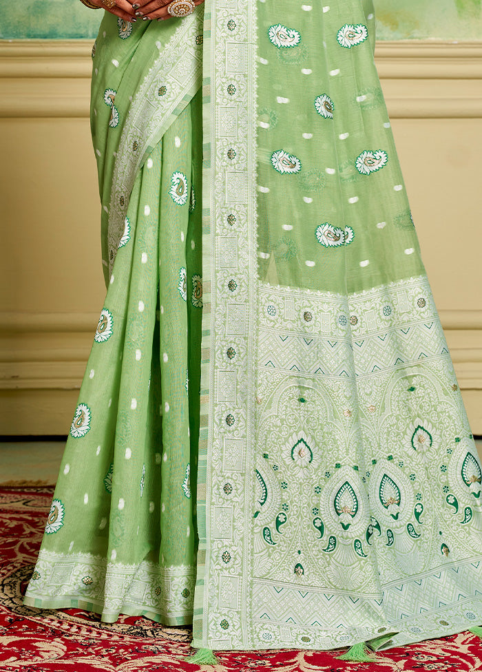 Pista Green Cotton Saree With Blouse Piece Cheap Sale Shop For