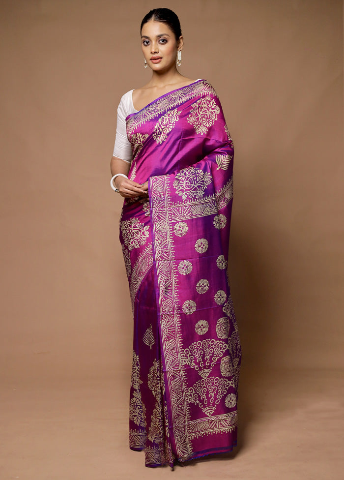 Purple Printed Pure Silk Saree Without Blouse Piece Sale 100% Guaranteed