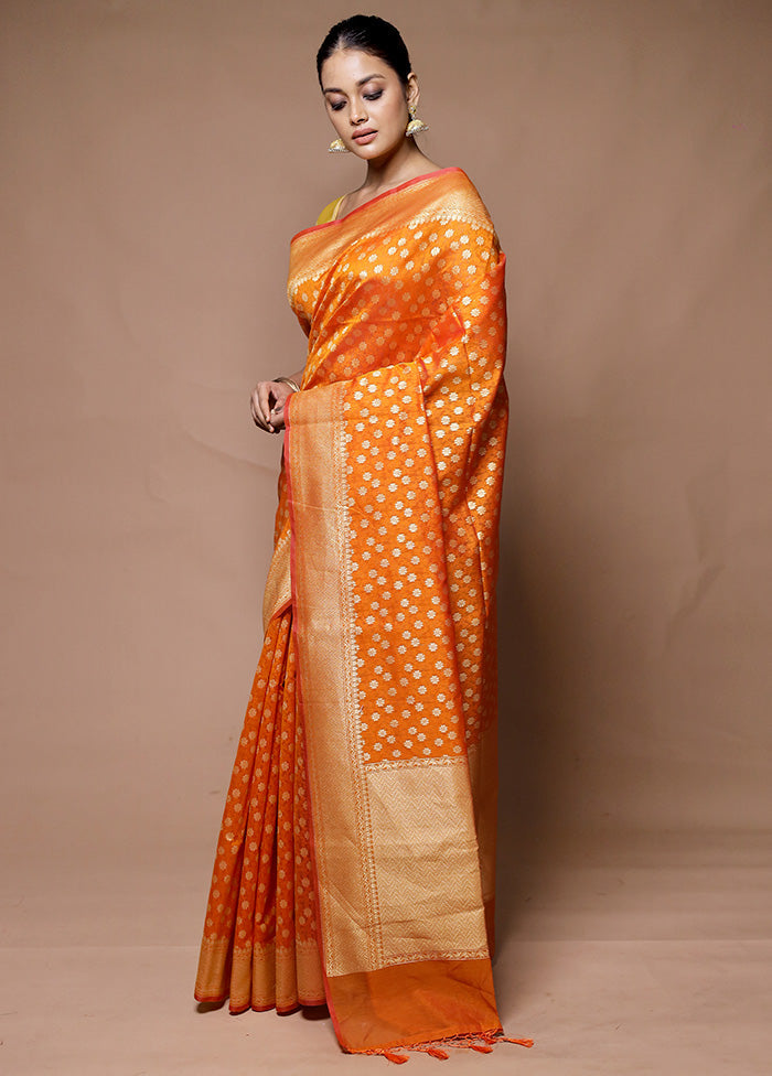 Orange Kora Silk Saree With Blouse Piece Buy Cheap Big Sale