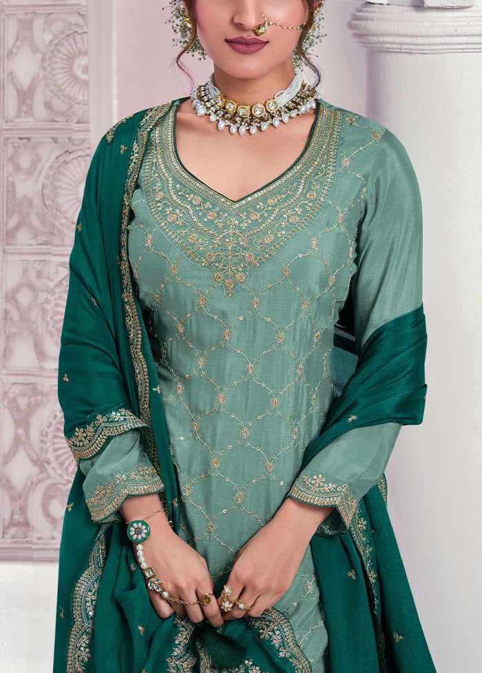 3 Pc Pista Green Semi Stitched Silk Dupatta Suit Set Cheap Sale Now