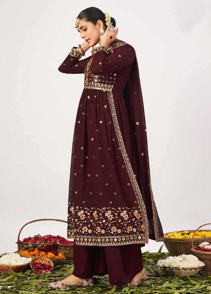 3 Pc Coffee Semi Stitched Georgette Suit Set Deals Online