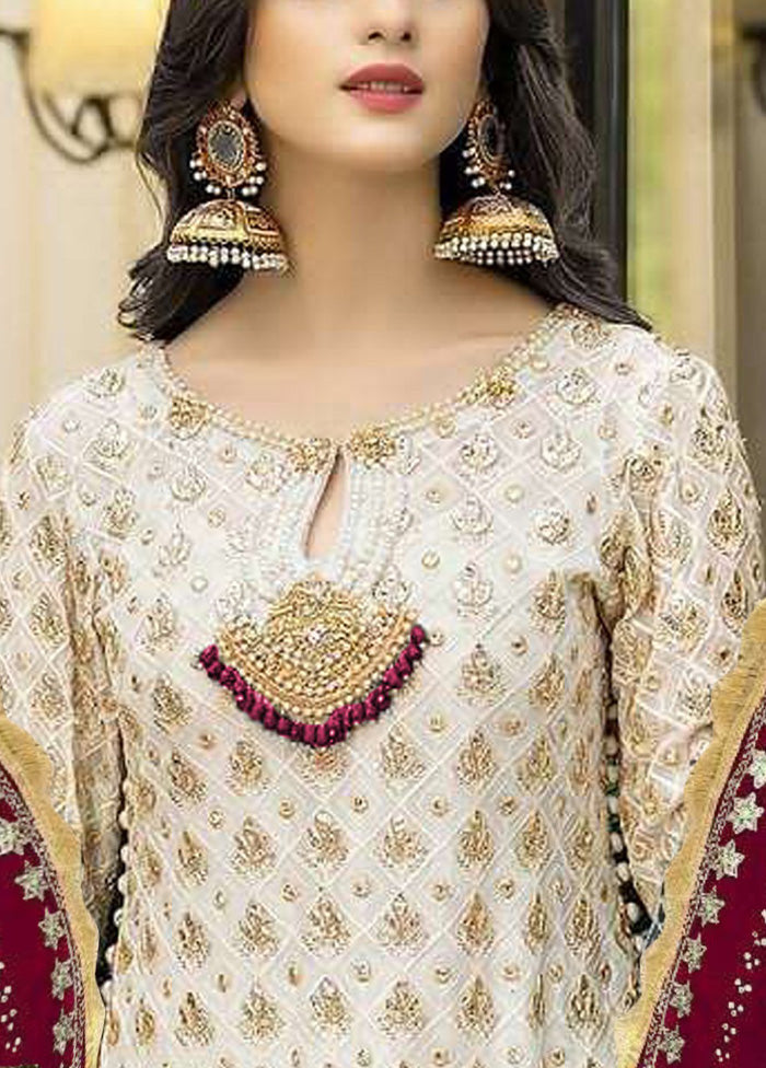 3 Pc Cream Semi Stitched Georgette Suit Set Free Shipping Fast Delivery