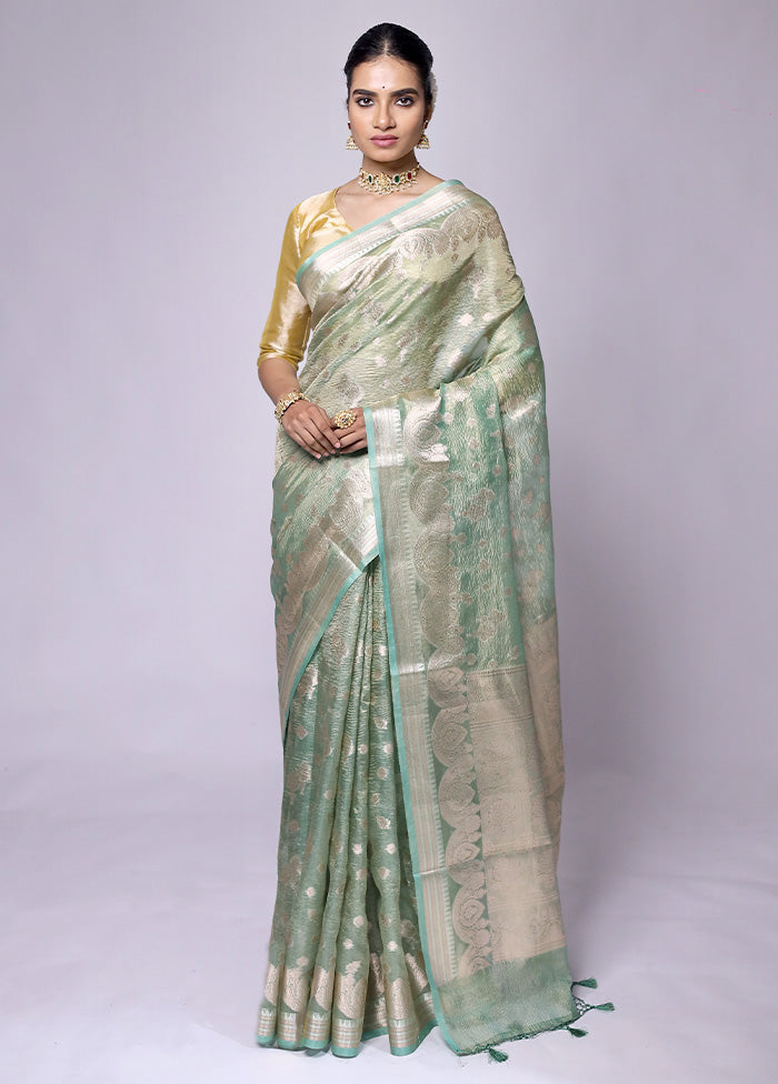 Green Crushed Tissue Silk Saree With Blouse Piece Wholesale Pice