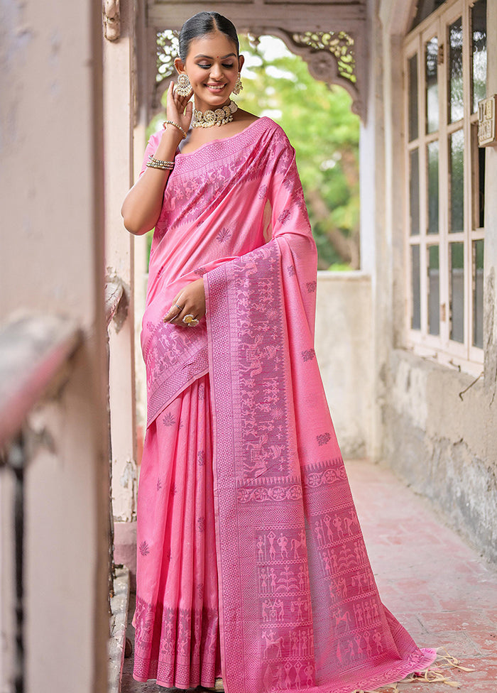 Pink Spun Silk Saree With Blouse Piece Sale Cheapest