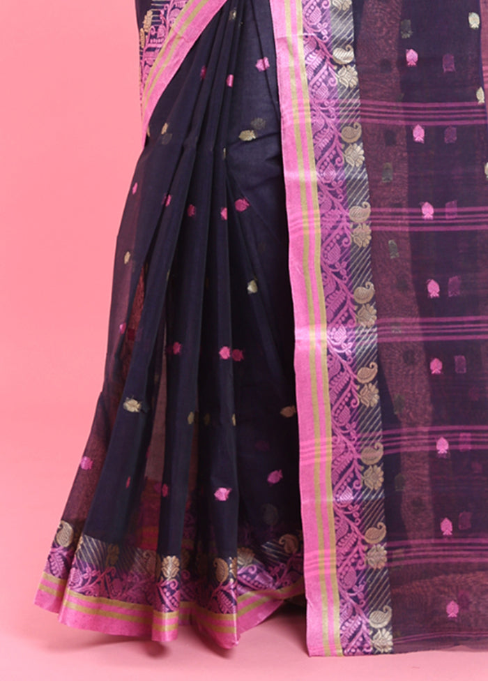 Navy Blue Cotton Woven Work Saree Without Blouse Piece Footlocker Finishline Sale Online