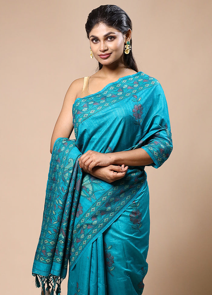 Blue Dupion Silk Saree With Blouse Piece Extremely Cheap Online