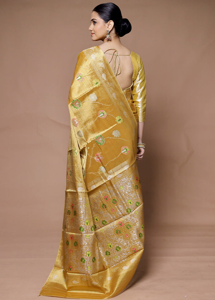 Golden Tissue Silk Saree With Blouse Piece Quality Original