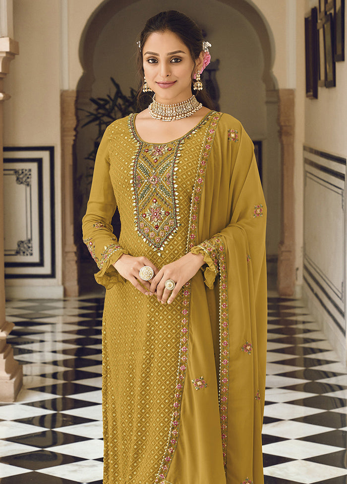 3 Pc Yellow Semi Stitched Georgette Suit Set Sale Best Seller