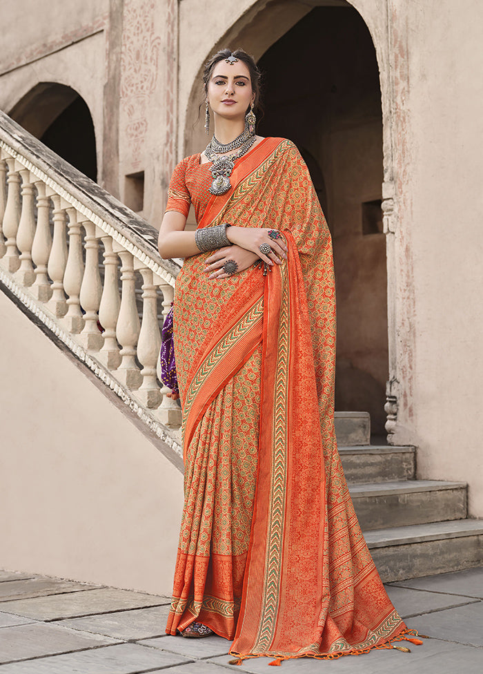 Orange Spun Silk Saree With Blouse Piece Outlet Clearance Store