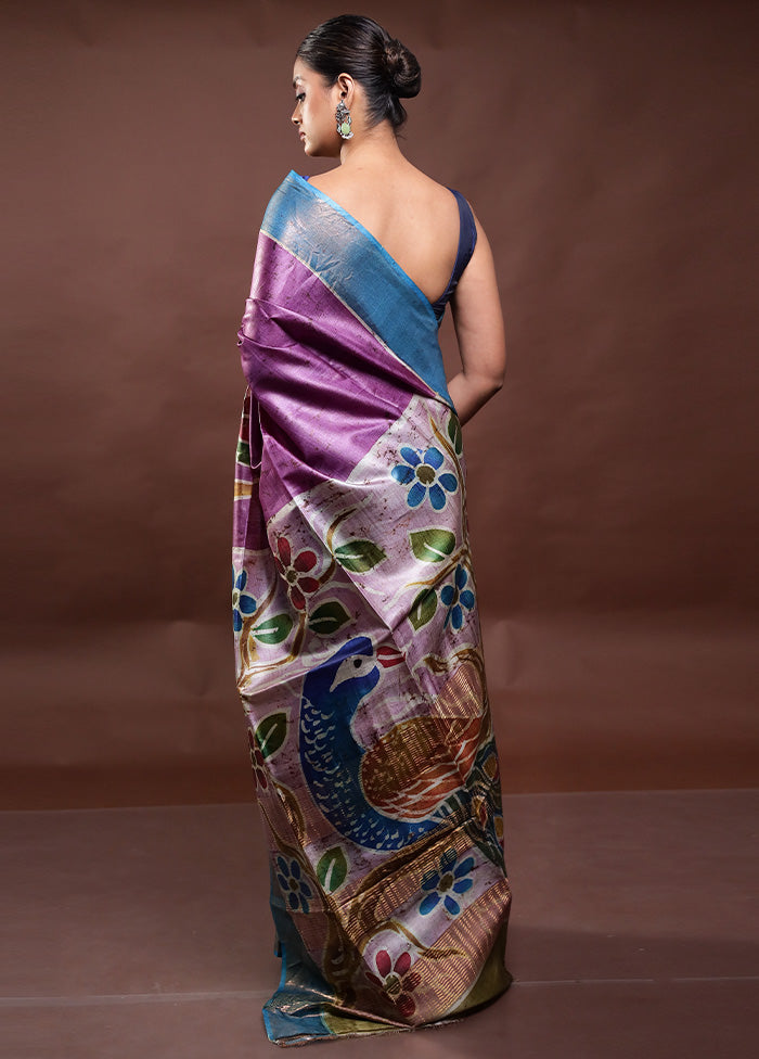 Purple Handloom Tussar Pure Silk Saree With Blouse Piece Explore Cheap Pice