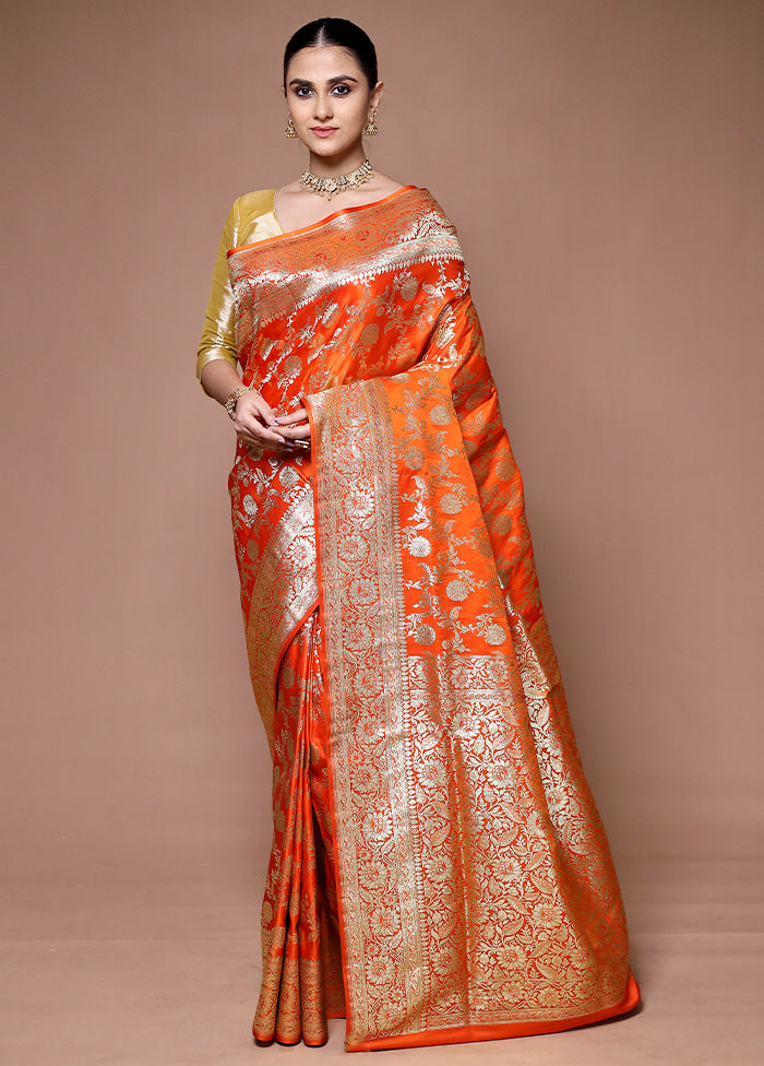 Orange Banarasi Silk Saree With Blouse Piece Get To Buy