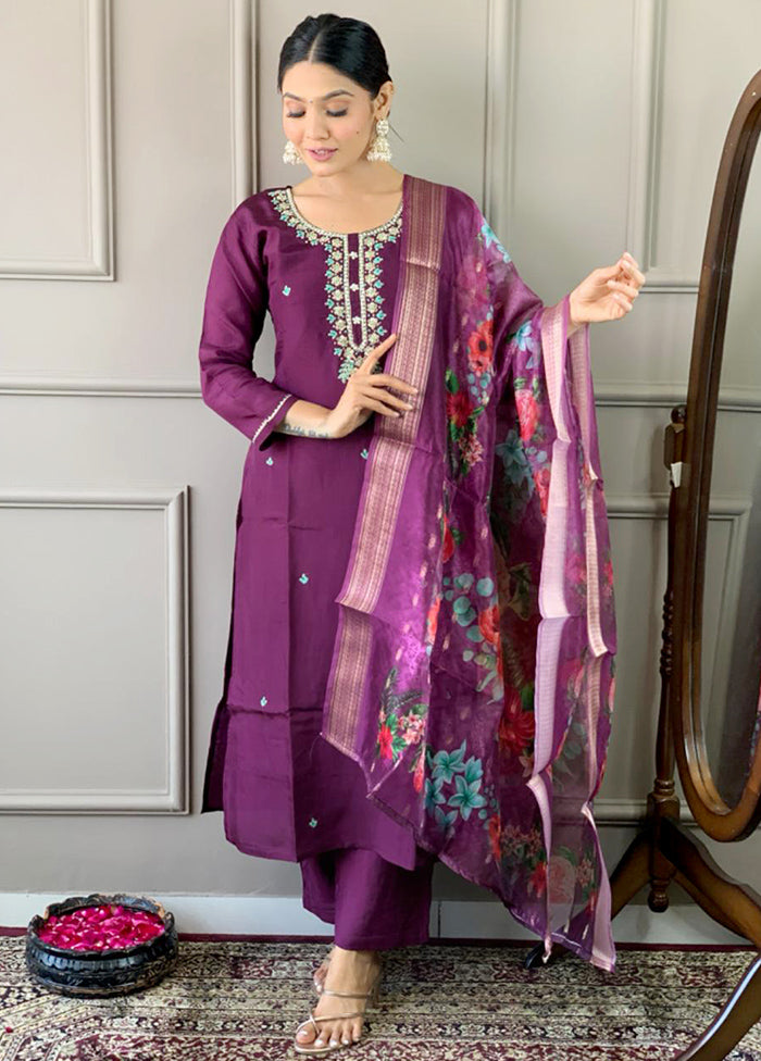 3 Pc Purple Readymade Chanderi Suit Set Free Shipping Supply