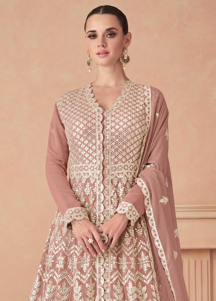 3 Pc Dark Peach Semi Stitched Georgette Suit Set Visit Sale Online