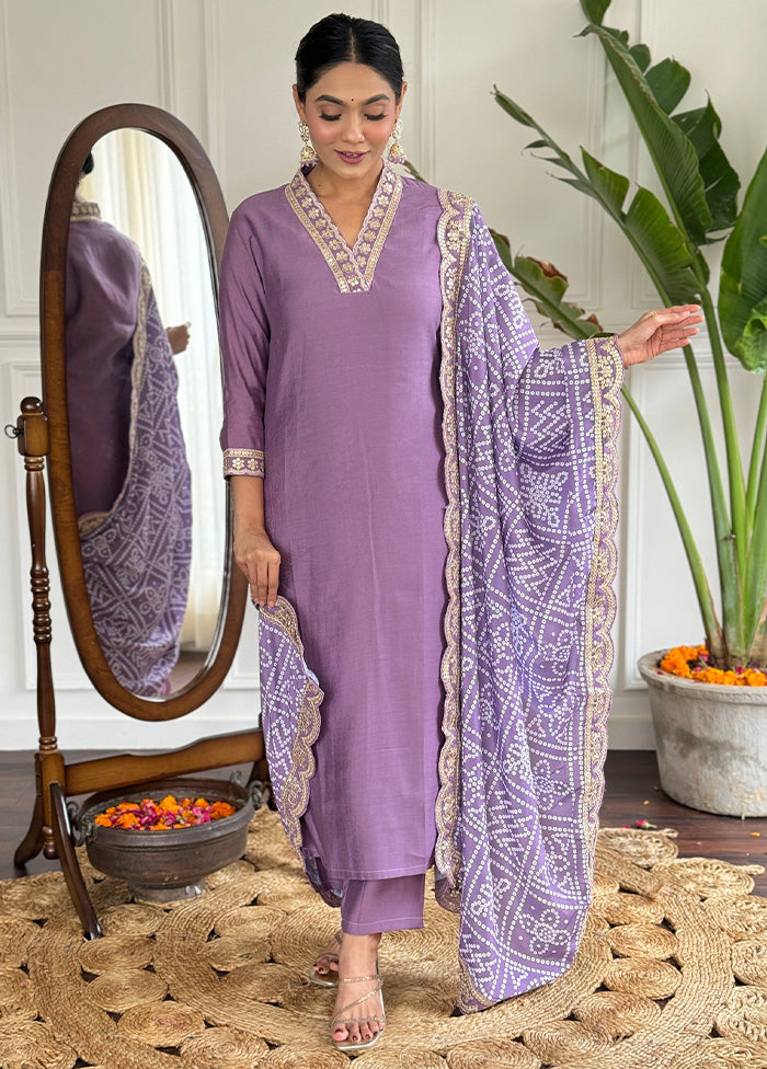 3 Pc Purple Readymade Viscose Dupatta Suit Set Sale Wide Range Of