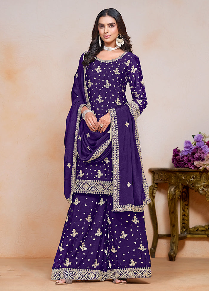 3 Pc Purple Semi Stitched Silk Suit Set Outlet Exclusive