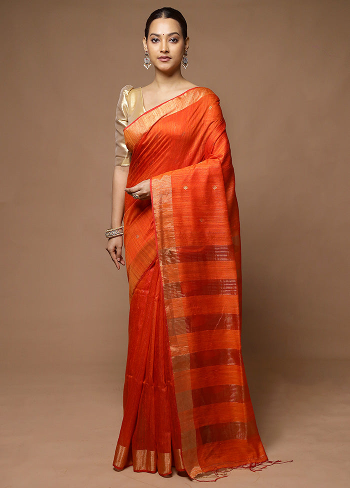 Orange Handloom Matka Pure Silk Saree With Blouse Piece Clearance For Cheap