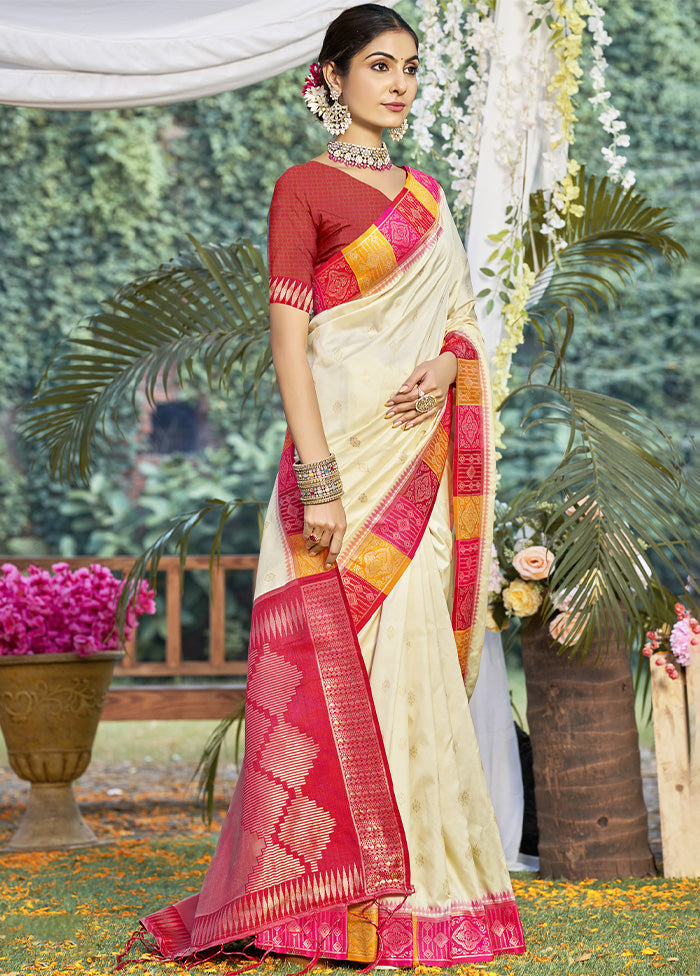 Cream Dupion Silk Saree With Blouse Piece Original Online