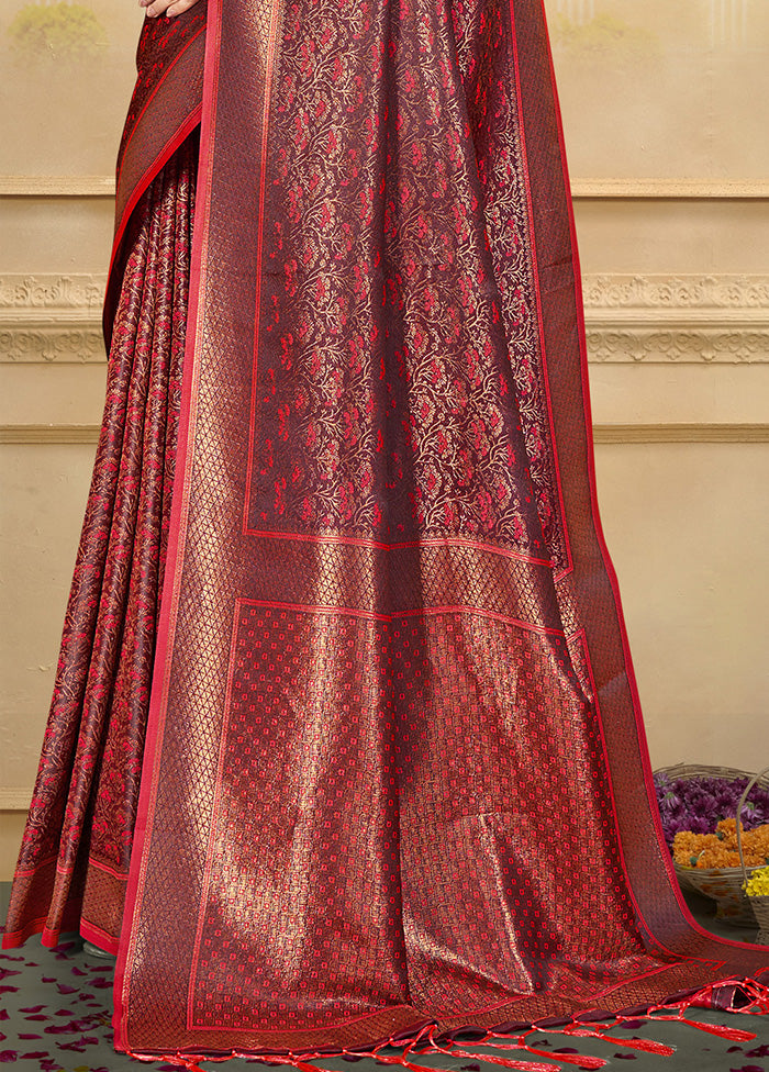 Red Spun Silk Saree With Blouse Piece Cheap Sale Fashionable