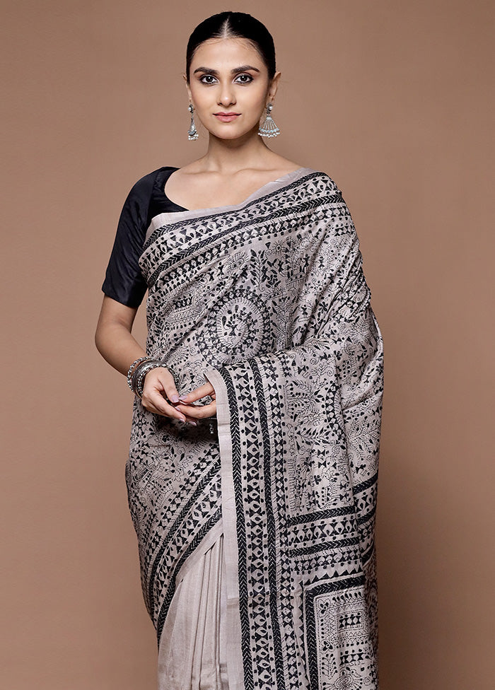 Grey Handloom Kantha Stitch Pure Silk Saree With Blouse Piece Buy Cheap Limited Edition