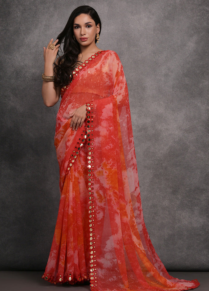 Orange Chiffon Silk Saree With Blouse Piece Sale Top Quality