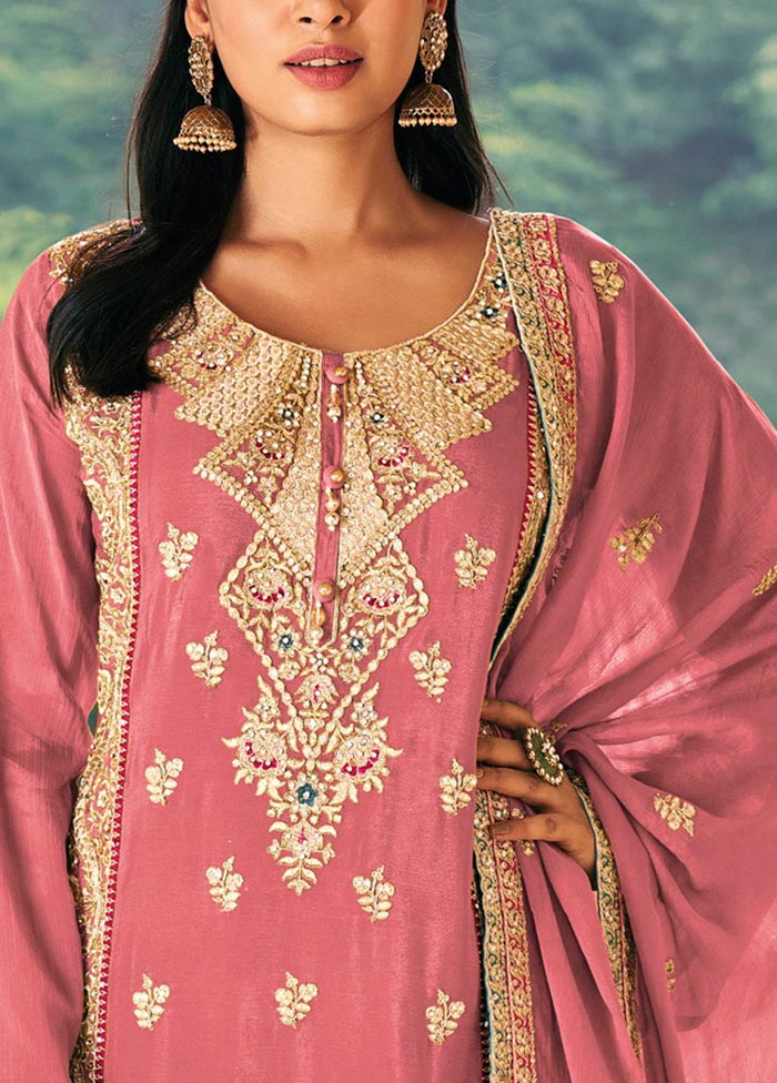 3 Pc Pink Semi Stitched Silk Suit Set 100% Authentic For Sale