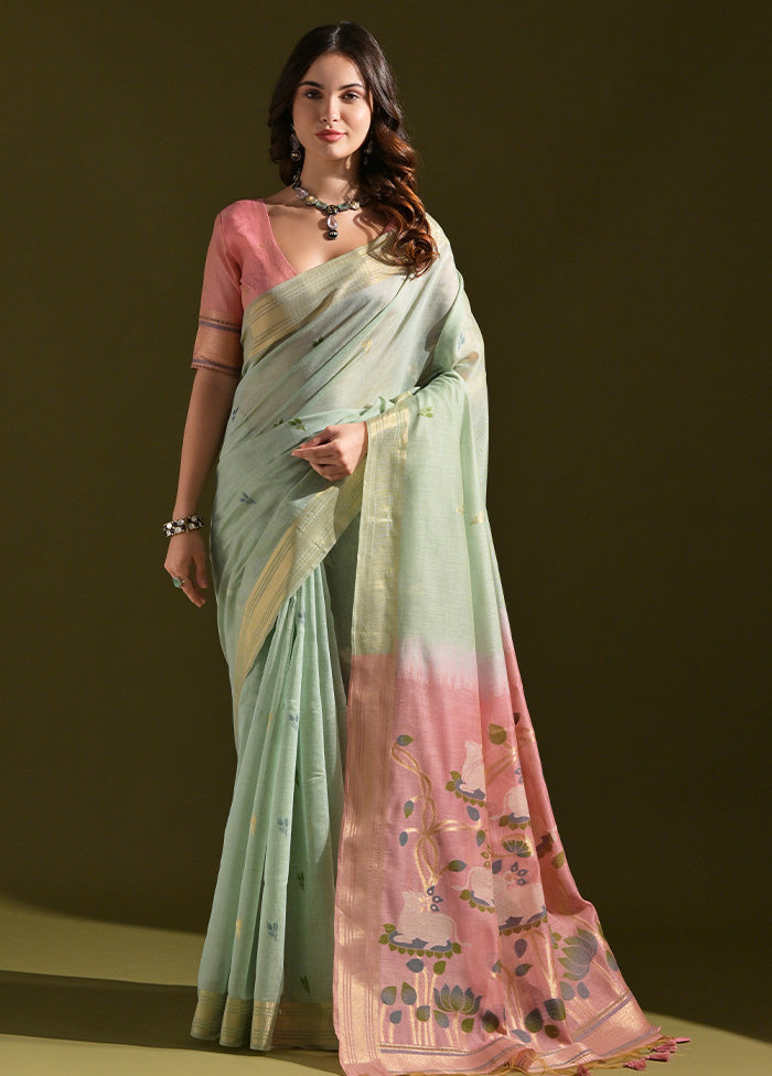 Sea Green Pure Cotton Saree With Blouse Piece Cheap Sale Big Discount