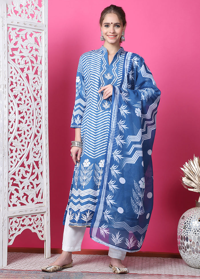 3 Pc Blue Semi Stitched Cotton Suit Set Cheap Get To Buy