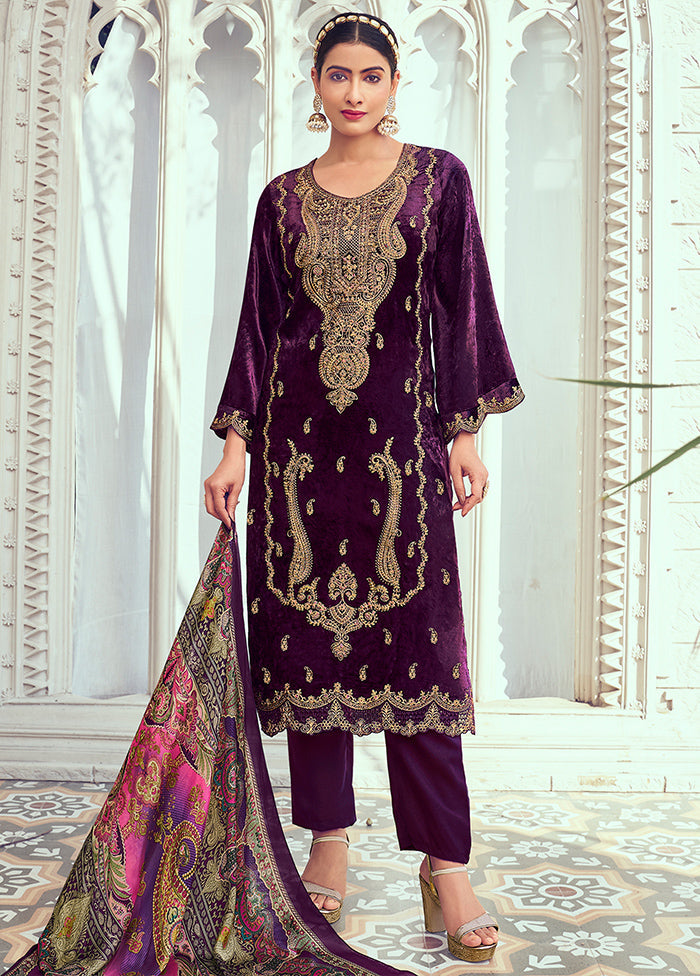 3 Pc Purple Unstitched Velvet Suit Set Clearance Recommend