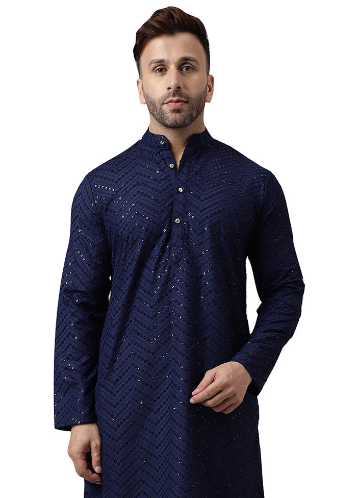 Navy Blue Silk Embroidered Kurta Cheap Sale With Paypal