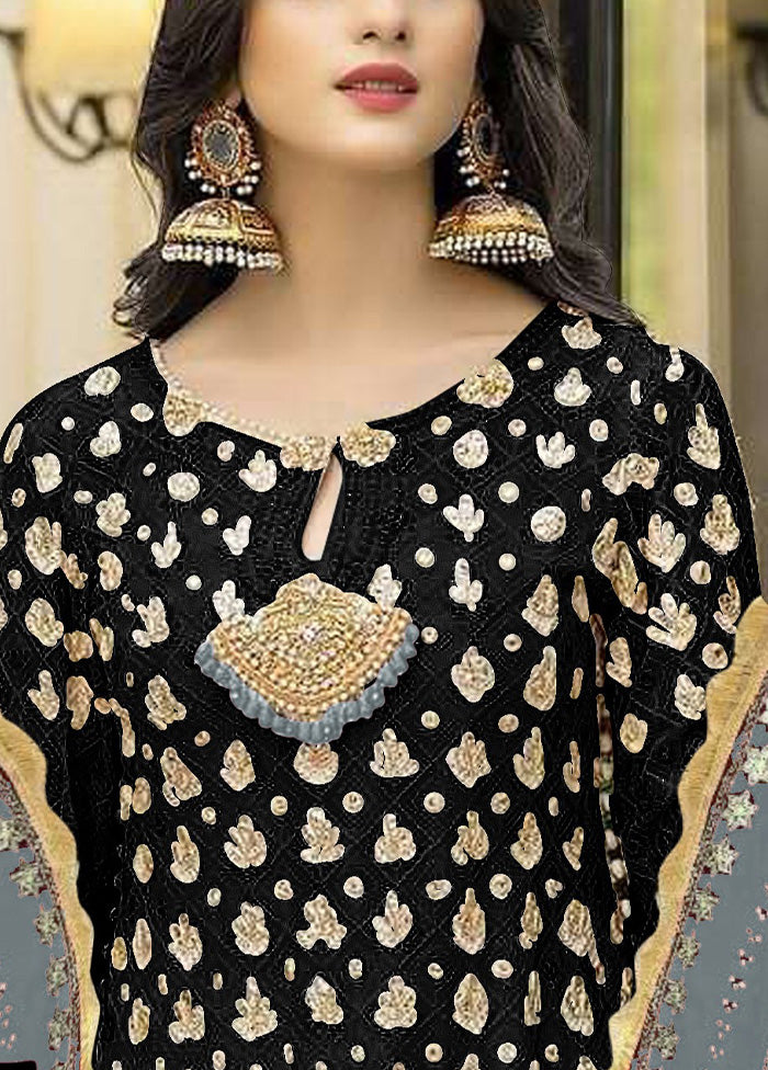 3 Pc Black Semi Stitched Georgette Suit Set Get To Buy