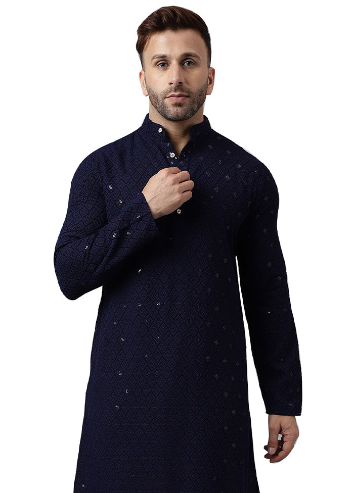 Navy Blue Silk Embroidered Kurta Discount Official Site