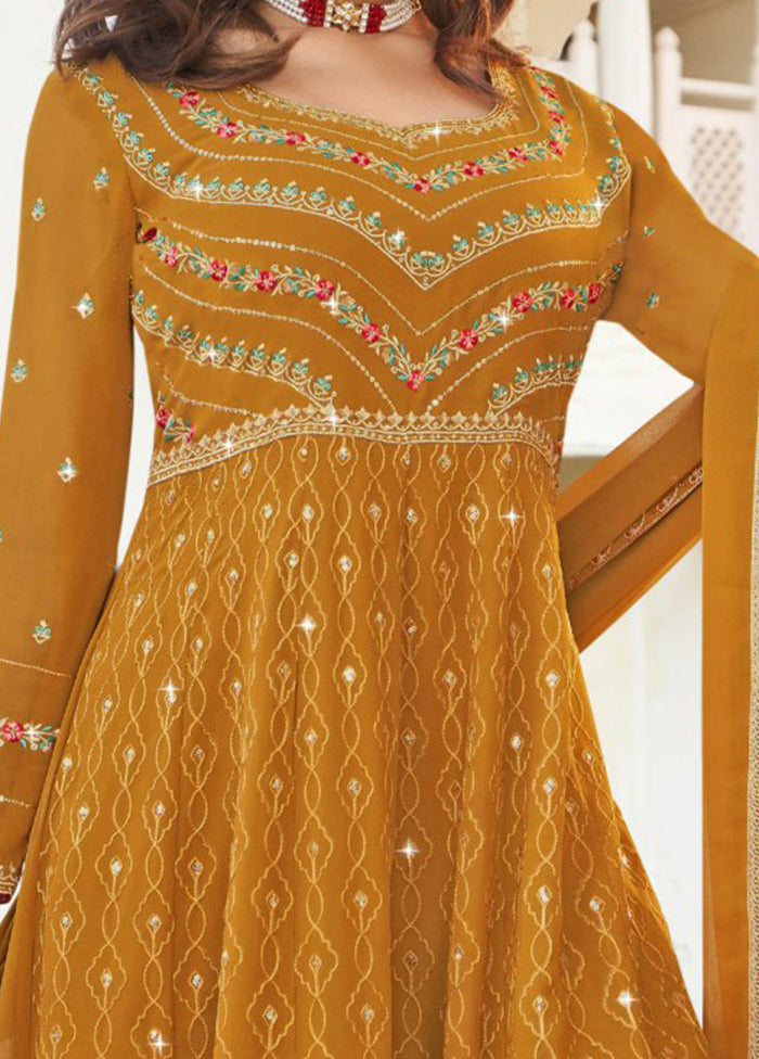 3 Pc Mustard Unstitched Georgette Suit Set Under 70 Dollars