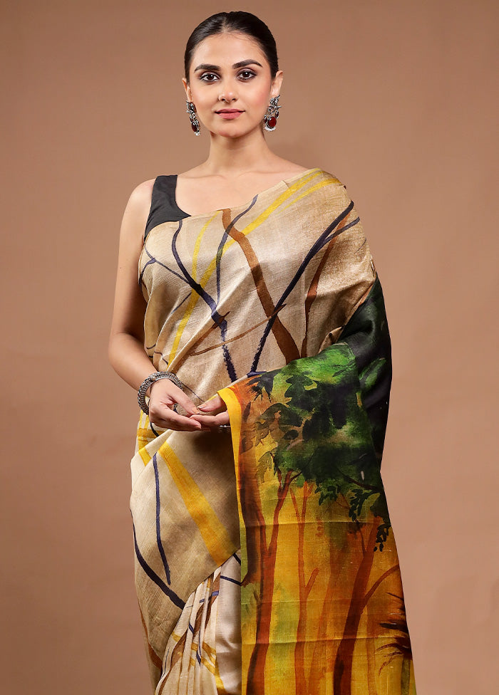 Cream Printed Pure Silk Saree Without Blouse Piece Recommend Cheap Online