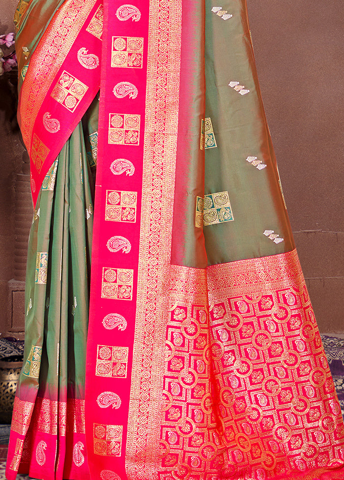 Olive Green Dupion Silk Saree With Blouse Piece Clearance Big Sale