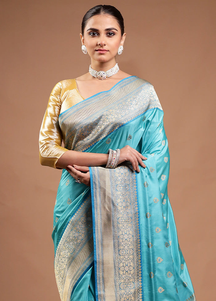 Blue Handloom Katan Pure Silk Saree With Blouse Piece Free Shipping 100% Original