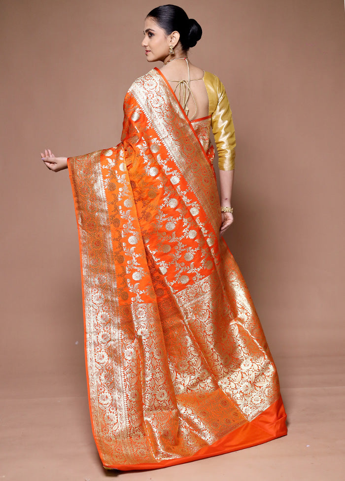 Orange Banarasi Silk Saree With Blouse Piece Get To Buy