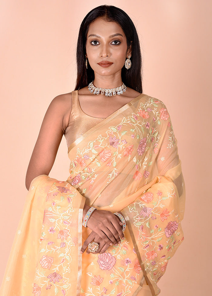 Yellow Organza Saree With Blouse Piece Cheap Sale Cheapest