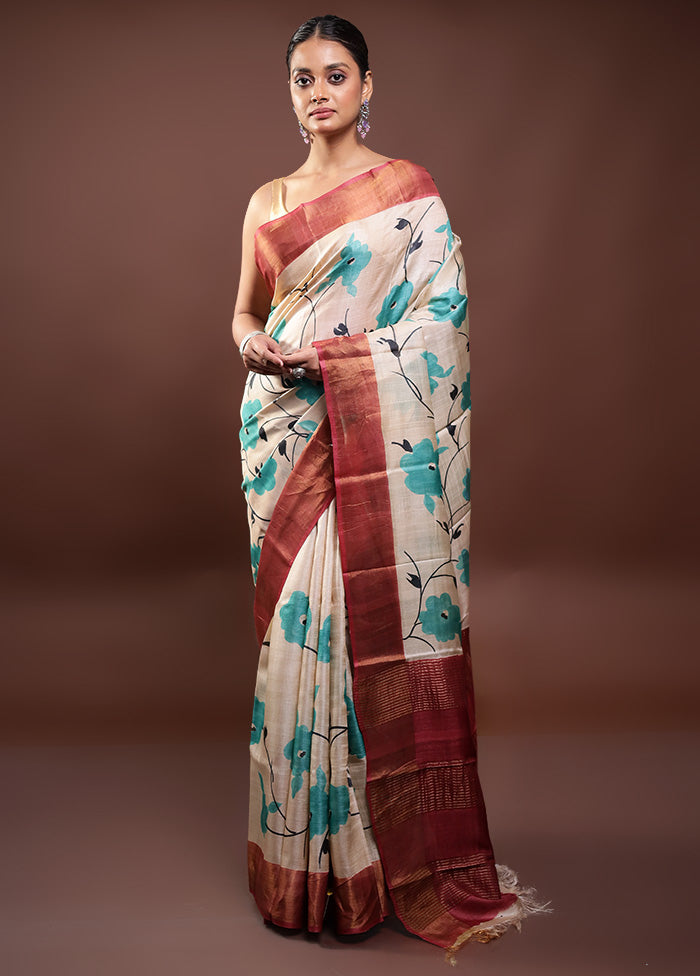 Cream Handloom Tussar Pure Silk Saree With Blouse Piece Sale Footlocker Pictures