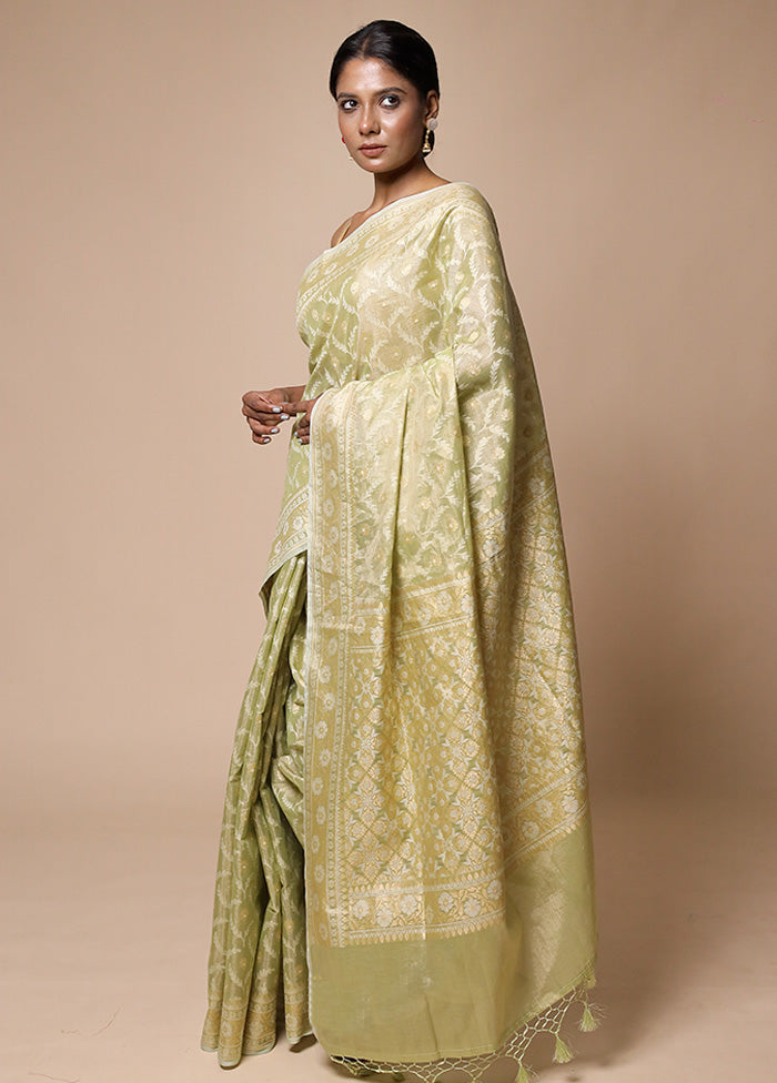 Green Tissue Silk Saree With Blouse Piece Outlet New Styles