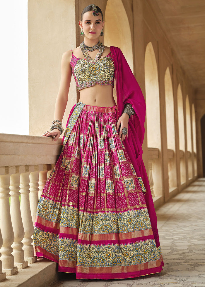 3 Pc Pink Silk Semi Stitched Lehenga Set For Nice Online