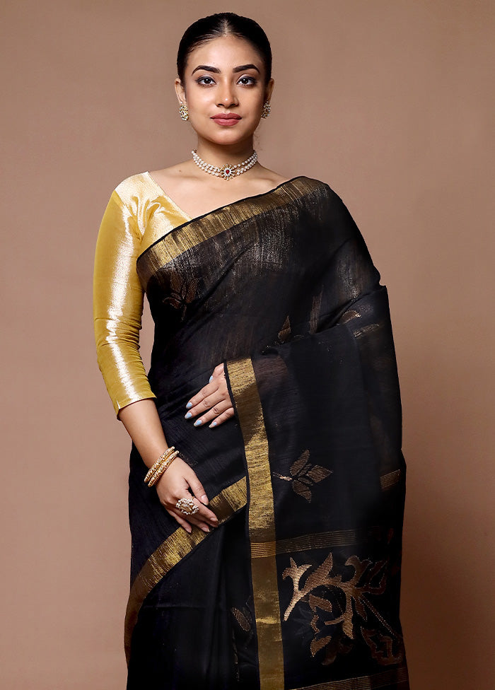 Black Handloom Matka Pure Silk Saree With Blouse Piece With Mastercard For Sale