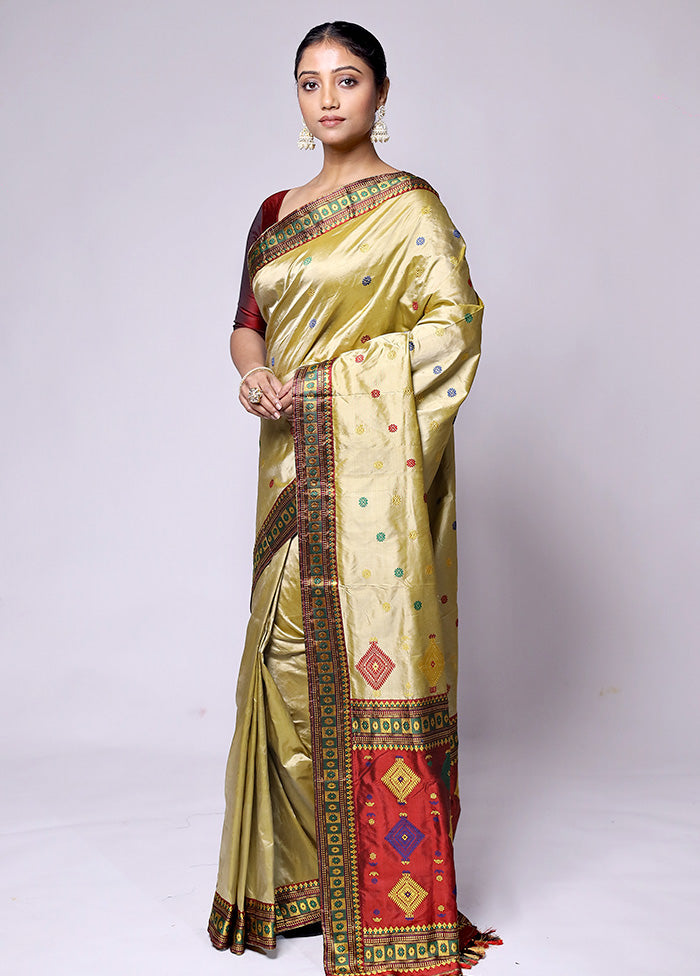 Golden Handloom Assam Pure Silk Saree With Blouse Piece Classic