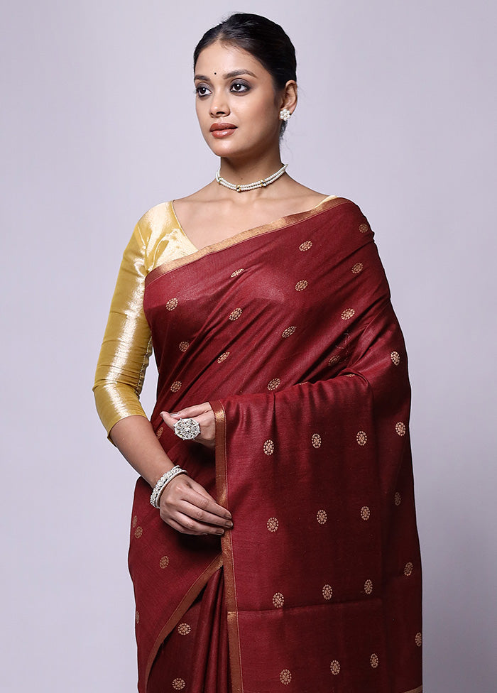 Maroon Tussar Silk Saree With Blouse Piece Clearance Online Fake