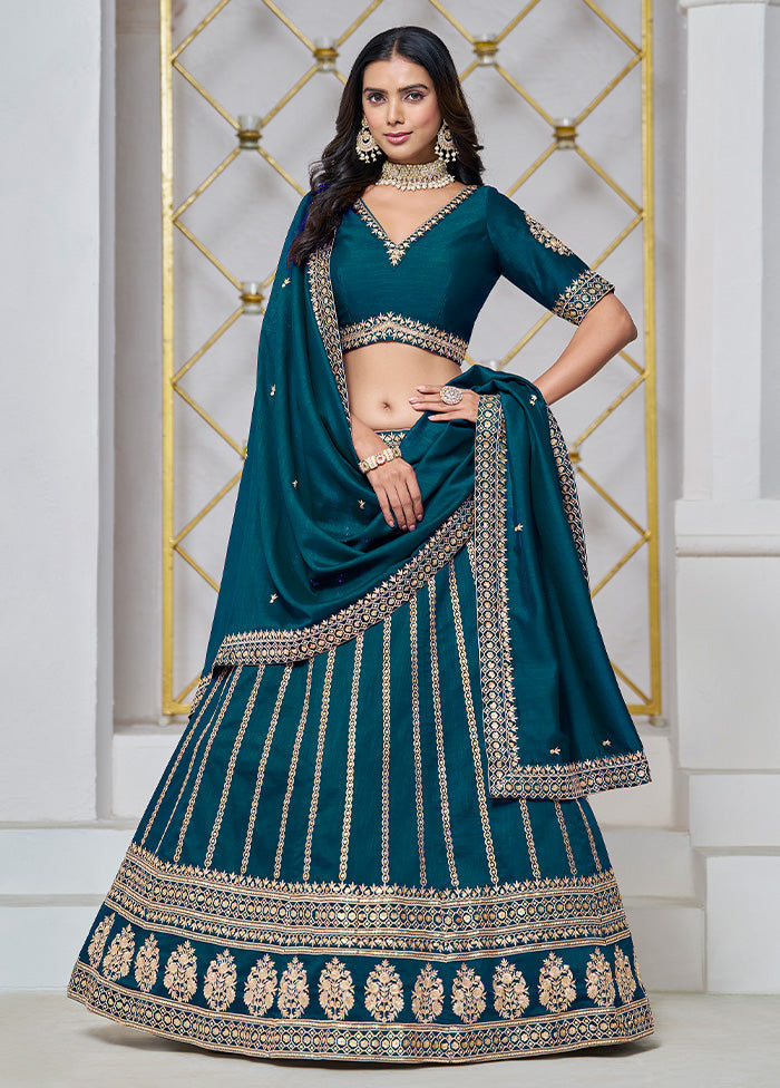 3 Pc Teal Blue Silk Semi Stitched Lehenga Set From China Sale Online