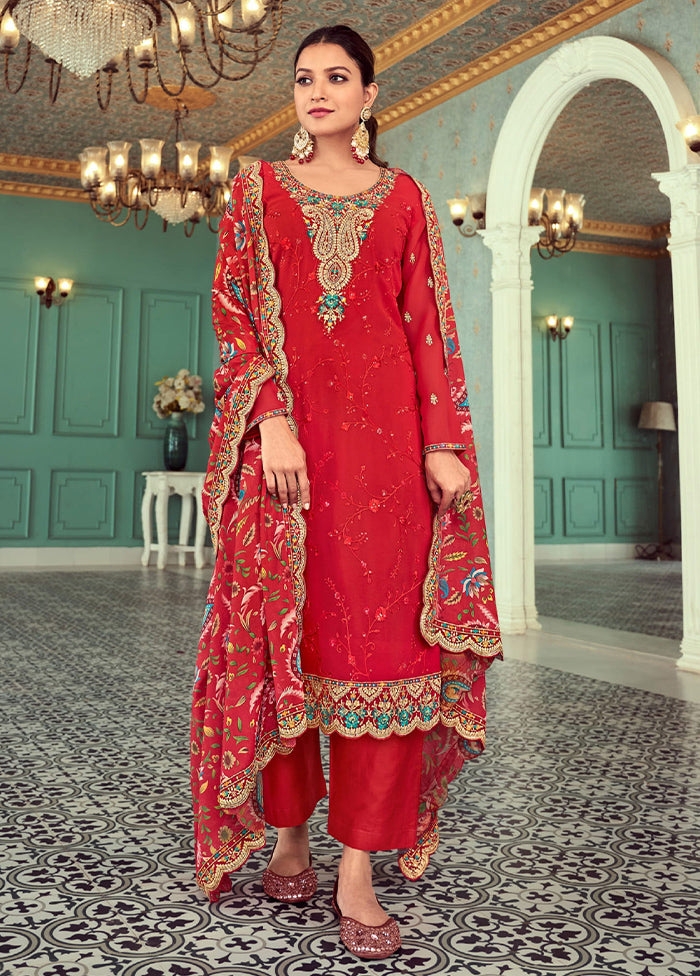 3 Pc Red Semi Stitched Georgette Suit Set Online Online Original