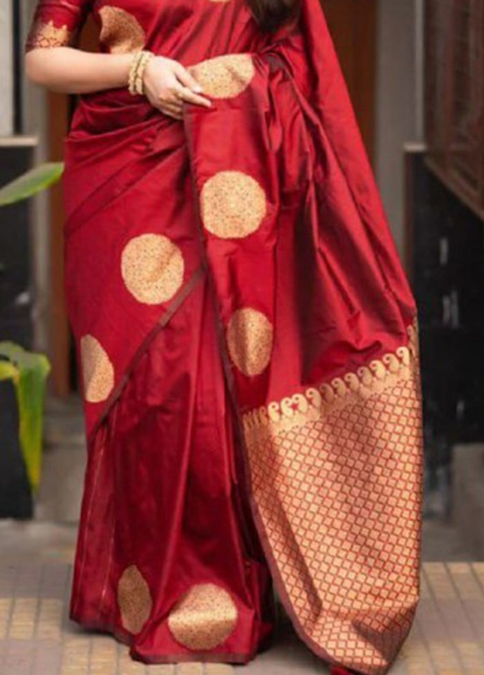 Red Banarasi Silk Saree With Blouse Piece Cheap Sale Popular